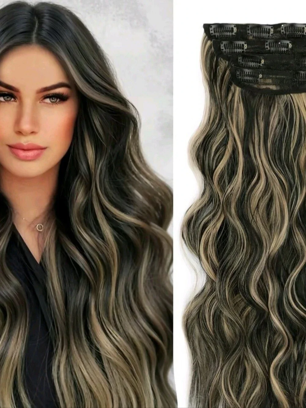 Wavy Clip-In Hair Extensions - Dark Brown with Ash Blonde Highlights